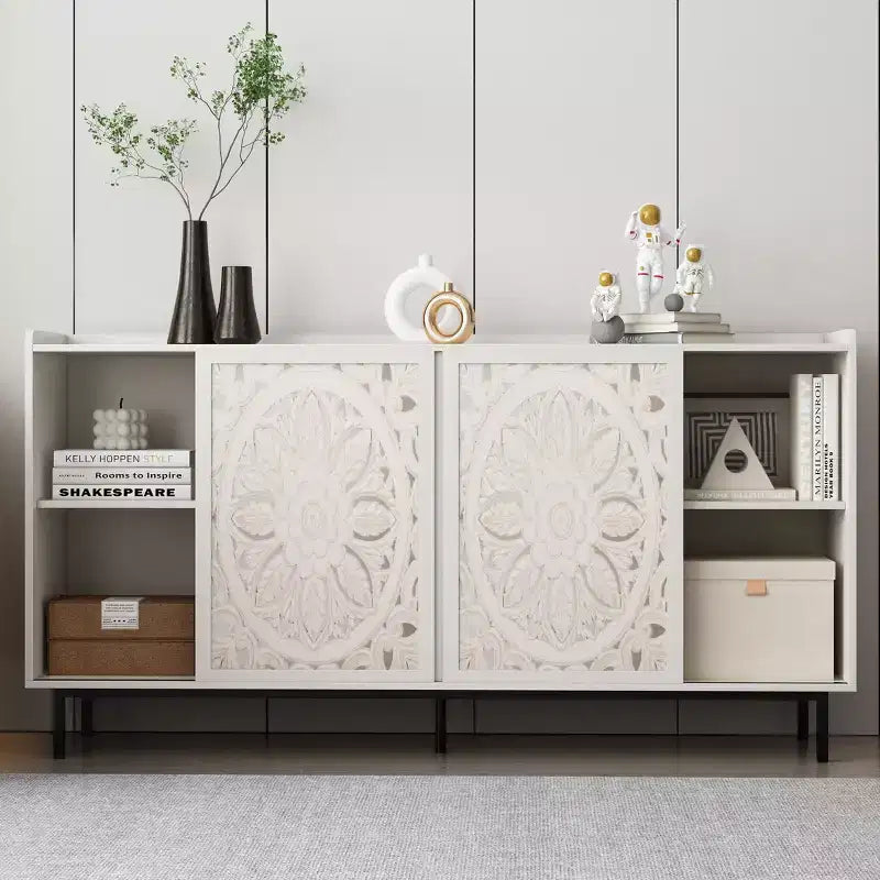 Mobiletto accentato invecchiato fatto a mano, struttura in legno di abete con dettagli intagliati, tavolo console multiuso, credenza e mobiletto contenitore per il soggiorno