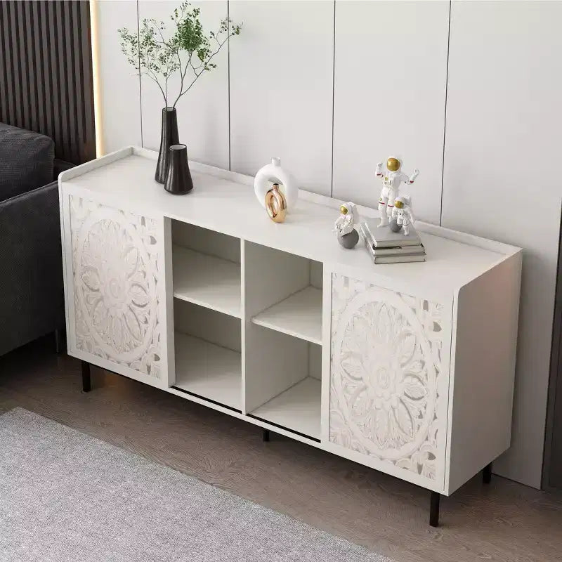 Mobiletto accentato invecchiato fatto a mano, struttura in legno di abete con dettagli intagliati, tavolo console multiuso, credenza e mobiletto contenitore per il soggiorno