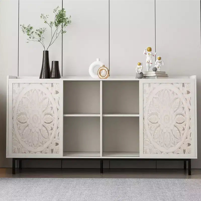 Mobiletto accentato invecchiato fatto a mano, struttura in legno di abete con dettagli intagliati, tavolo console multiuso, credenza e mobiletto contenitore per il soggiorno