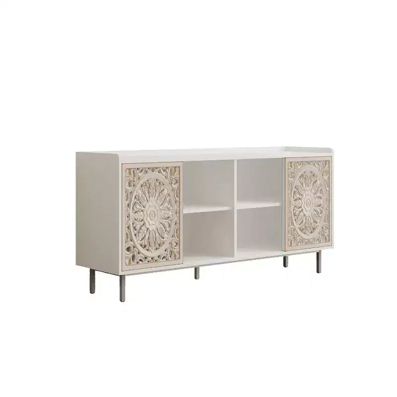 Mobiletto accentato invecchiato fatto a mano, struttura in legno di abete con dettagli intagliati, tavolo console multiuso, credenza e mobiletto contenitore per il soggiorno