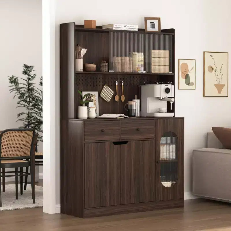 Credenza da buffet, mobile contenitore per dispensa da cucina con portabottiglie, mobile bar in stile rustico