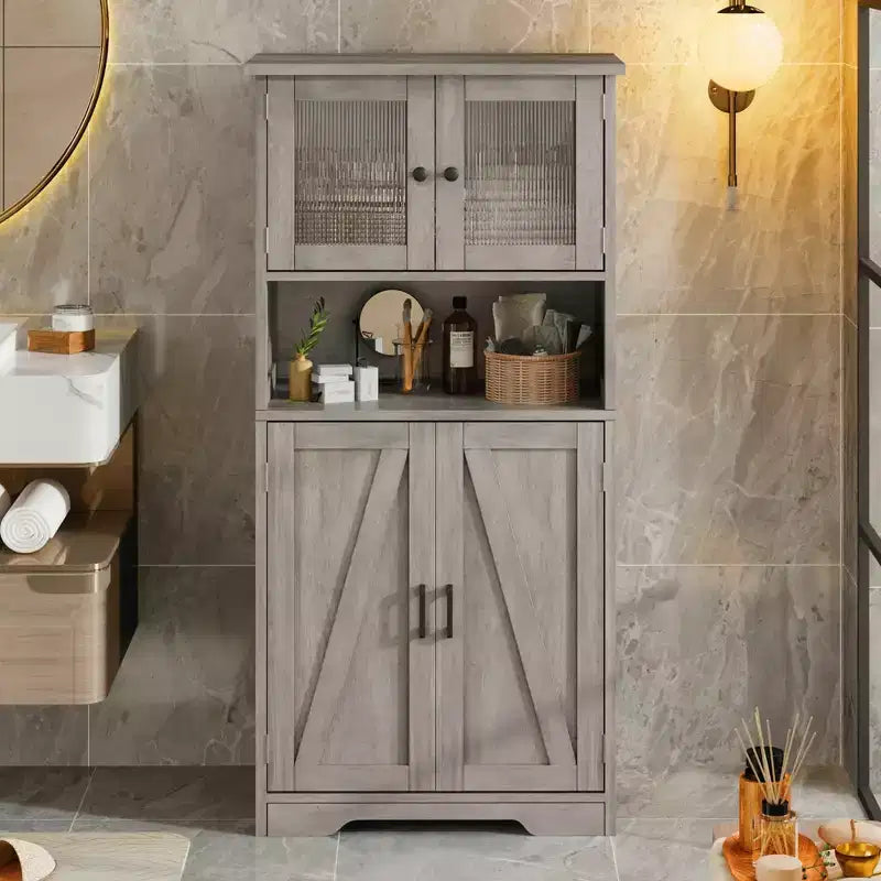 Mobiletto da bagno, mobile contenitore in stile rustico con ante in vetro e ripiani regolabili, dispensa da cucina indipendente, mobiletto a pavimento