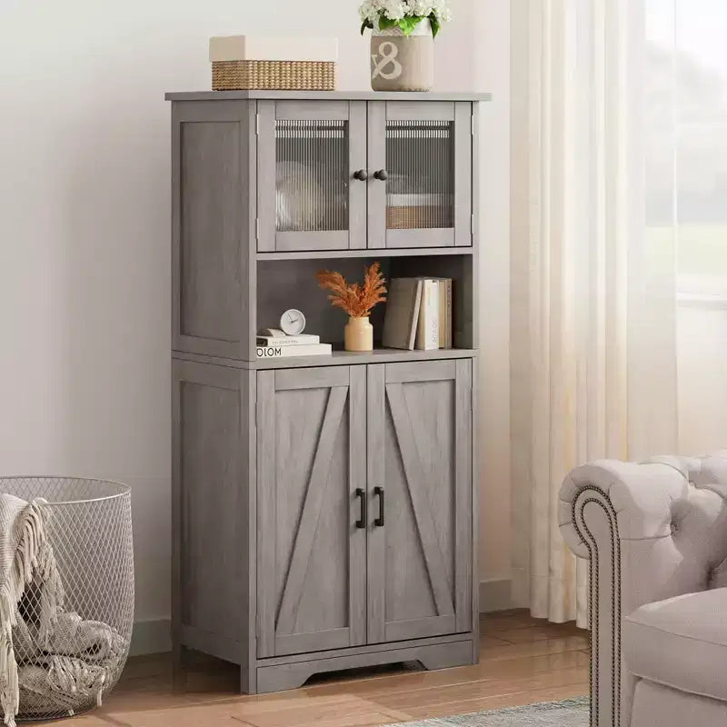 Mobiletto da bagno, mobile contenitore in stile rustico con ante in vetro e ripiani regolabili, dispensa da cucina indipendente, mobiletto a pavimento