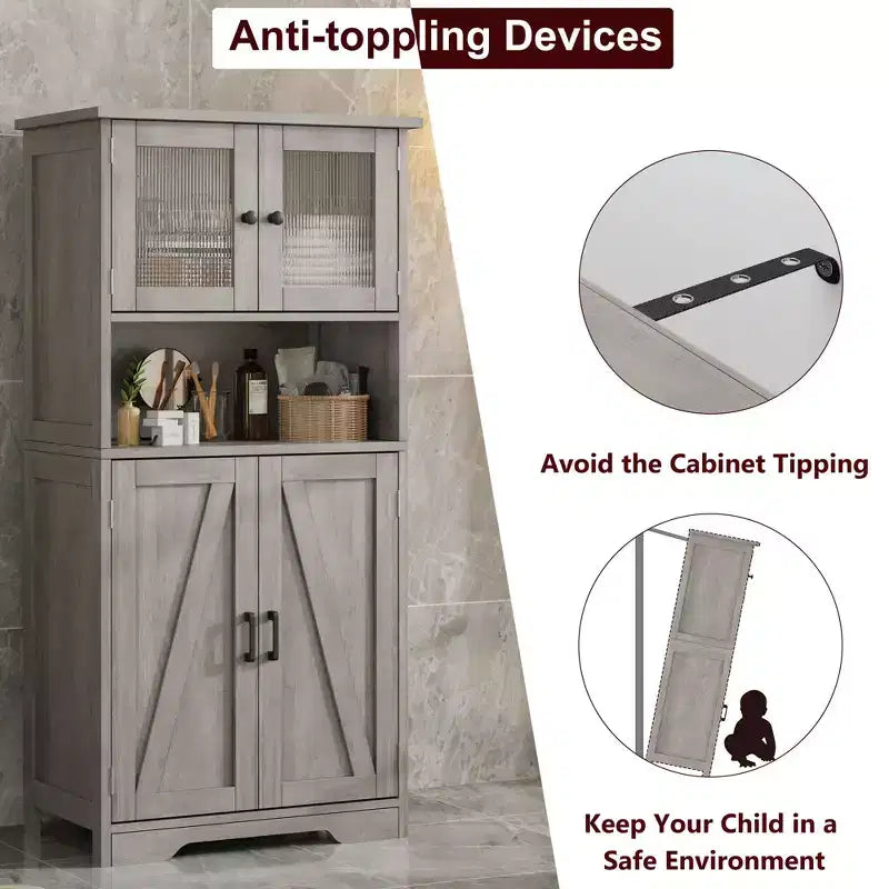 Mobiletto da bagno, mobile contenitore in stile rustico con ante in vetro e ripiani regolabili, dispensa da cucina indipendente, mobiletto a pavimento