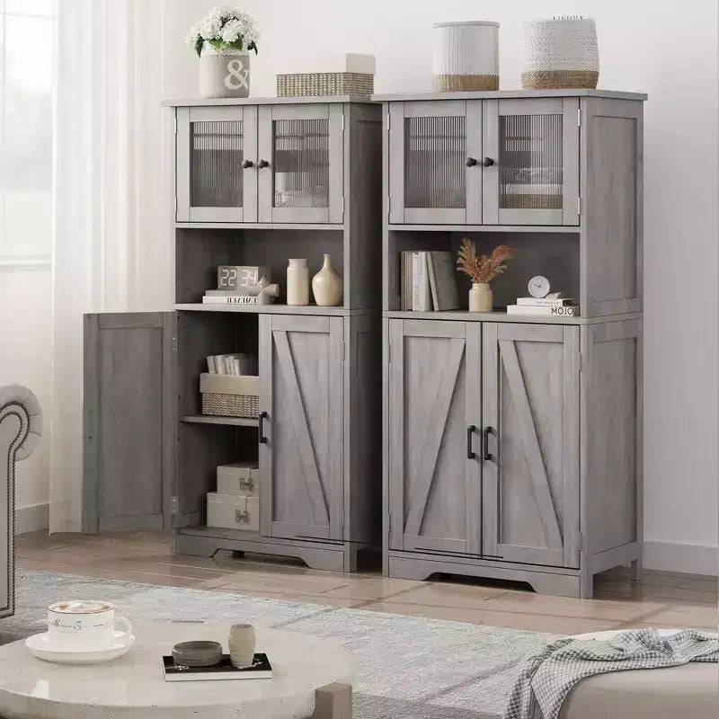 Mobiletto da bagno, mobile contenitore in stile rustico con ante in vetro e ripiani regolabili, dispensa da cucina indipendente, mobiletto a pavimento