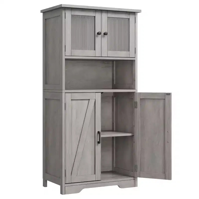 Mobiletto da bagno, mobile contenitore in stile rustico con ante in vetro e ripiani regolabili, dispensa da cucina indipendente, mobiletto a pavimento