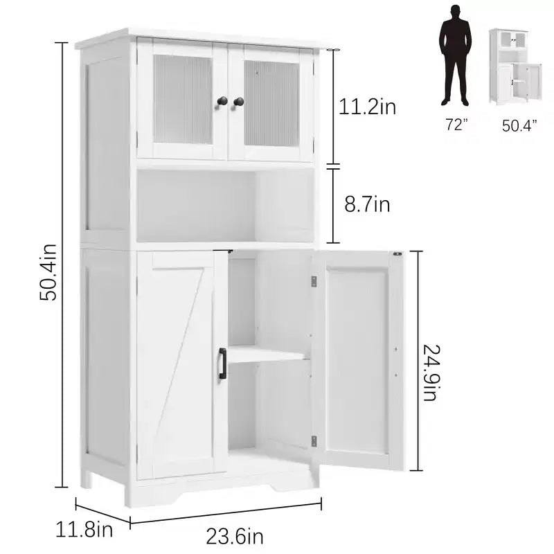 Mobiletto da bagno, mobile contenitore in stile rustico con ante in vetro e ripiani regolabili, dispensa da cucina indipendente, mobiletto a pavimento