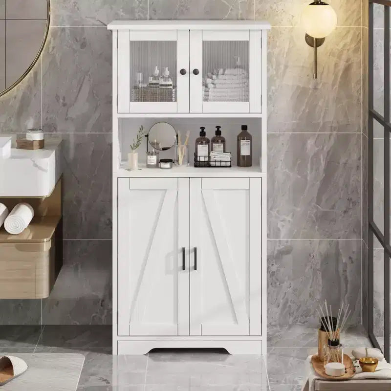 Mobiletto da bagno, mobile contenitore in stile rustico con ante in vetro e ripiani regolabili, dispensa da cucina indipendente, mobiletto a pavimento