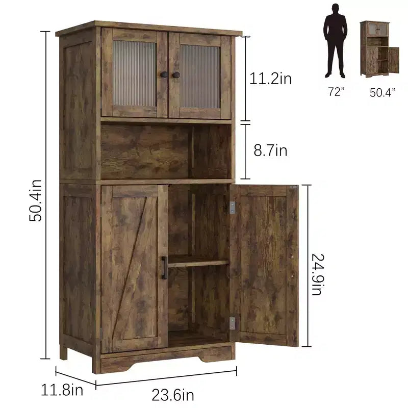 Mobiletto da bagno, mobile contenitore in stile rustico con ante in vetro e ripiani regolabili, dispensa da cucina indipendente, mobiletto a pavimento