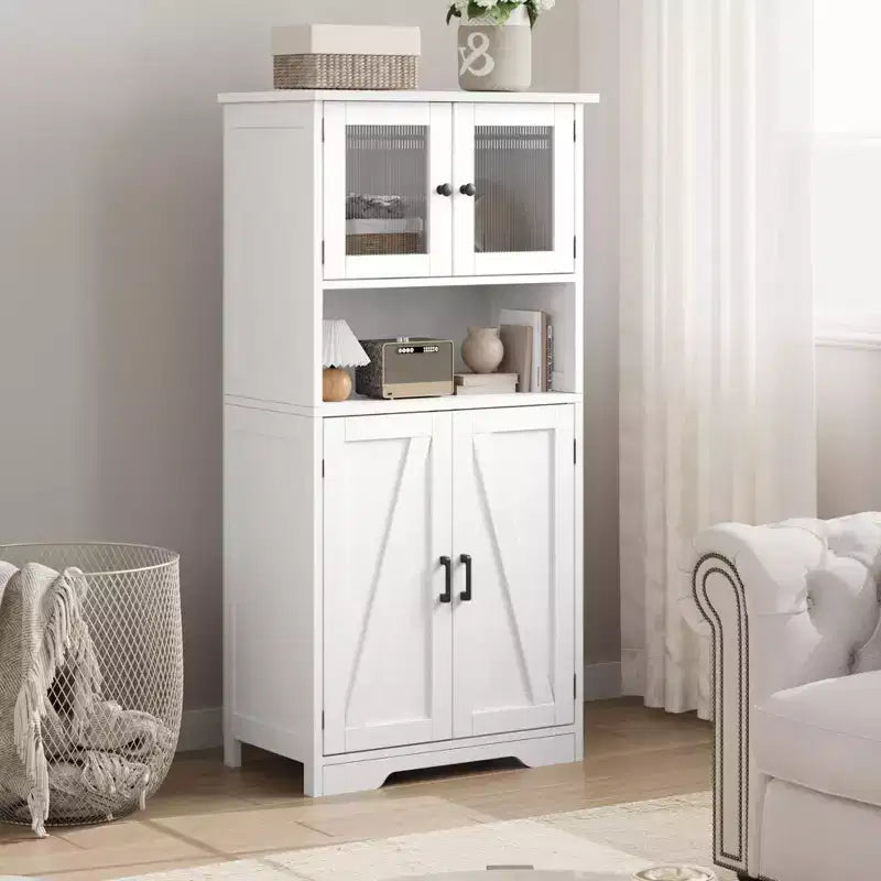 Mobiletto da bagno, mobile contenitore in stile rustico con ante in vetro e ripiani regolabili, dispensa da cucina indipendente, mobiletto a pavimento