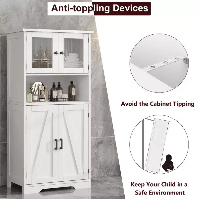 Mobiletto da bagno, mobile contenitore in stile rustico con ante in vetro e ripiani regolabili, dispensa da cucina indipendente, mobiletto a pavimento