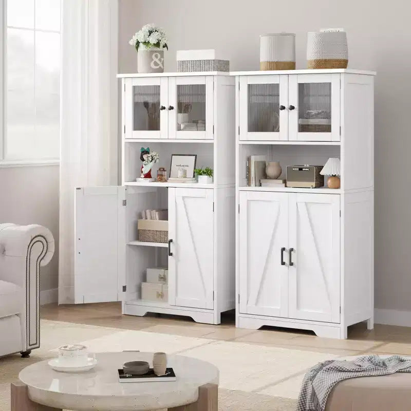 Mobiletto da bagno, mobile contenitore in stile rustico con ante in vetro e ripiani regolabili, dispensa da cucina indipendente, mobiletto a pavimento