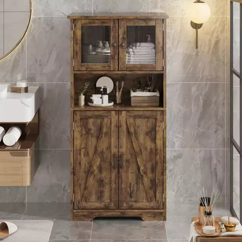 Mobiletto da bagno, mobile contenitore in stile rustico con ante in vetro e ripiani regolabili, dispensa da cucina indipendente, mobiletto a pavimento