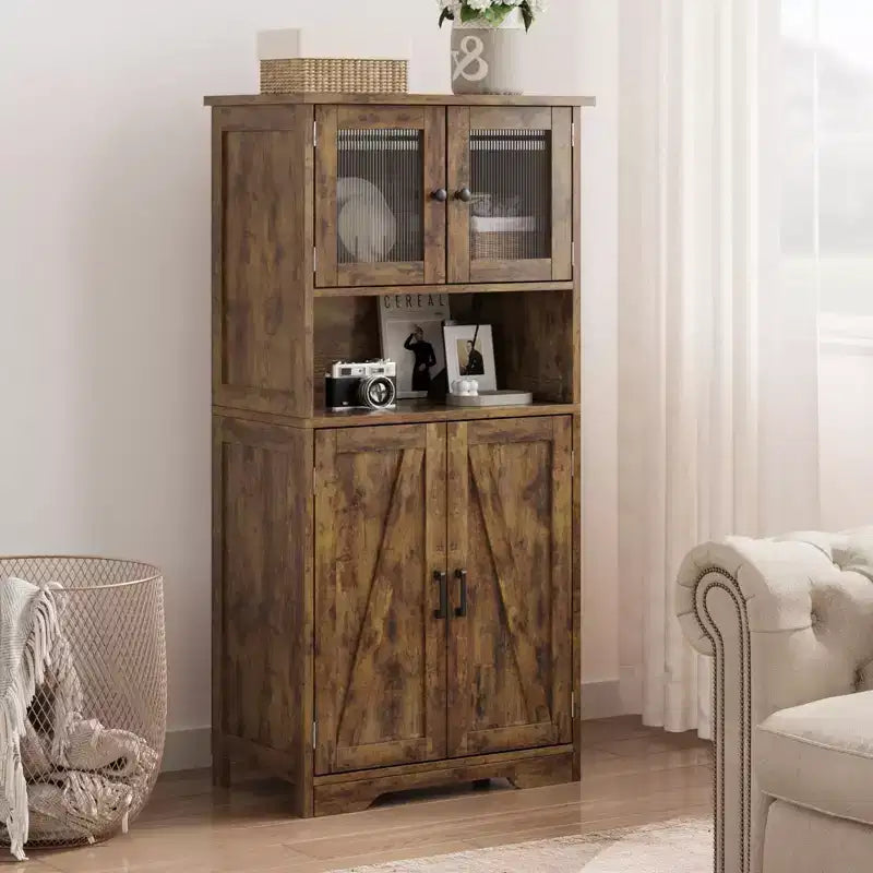 Mobiletto da bagno, mobile contenitore in stile rustico con ante in vetro e ripiani regolabili, dispensa da cucina indipendente, mobiletto a pavimento