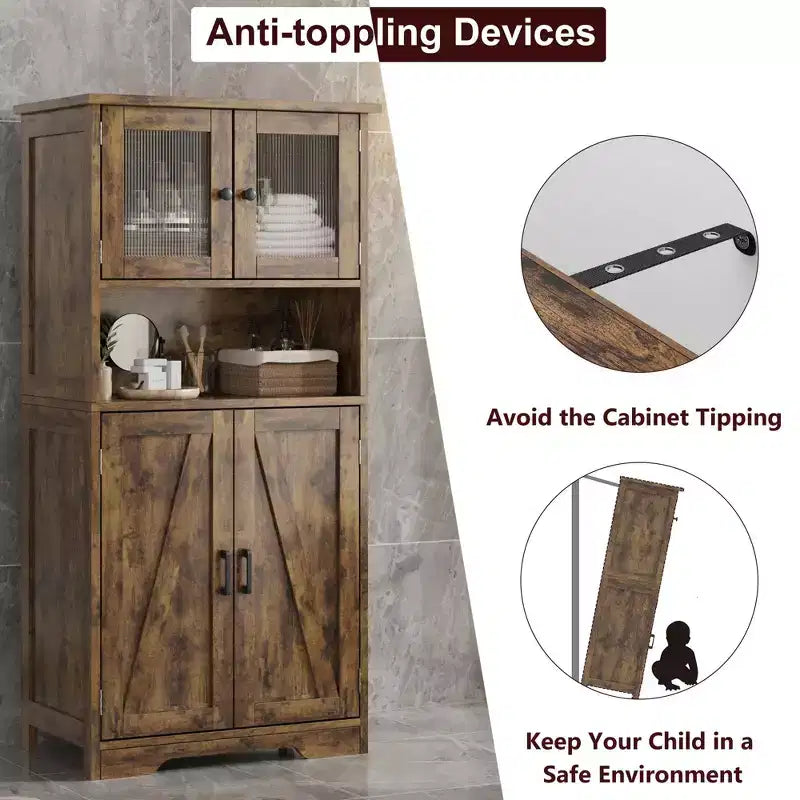 Mobiletto da bagno, mobile contenitore in stile rustico con ante in vetro e ripiani regolabili, dispensa da cucina indipendente, mobiletto a pavimento