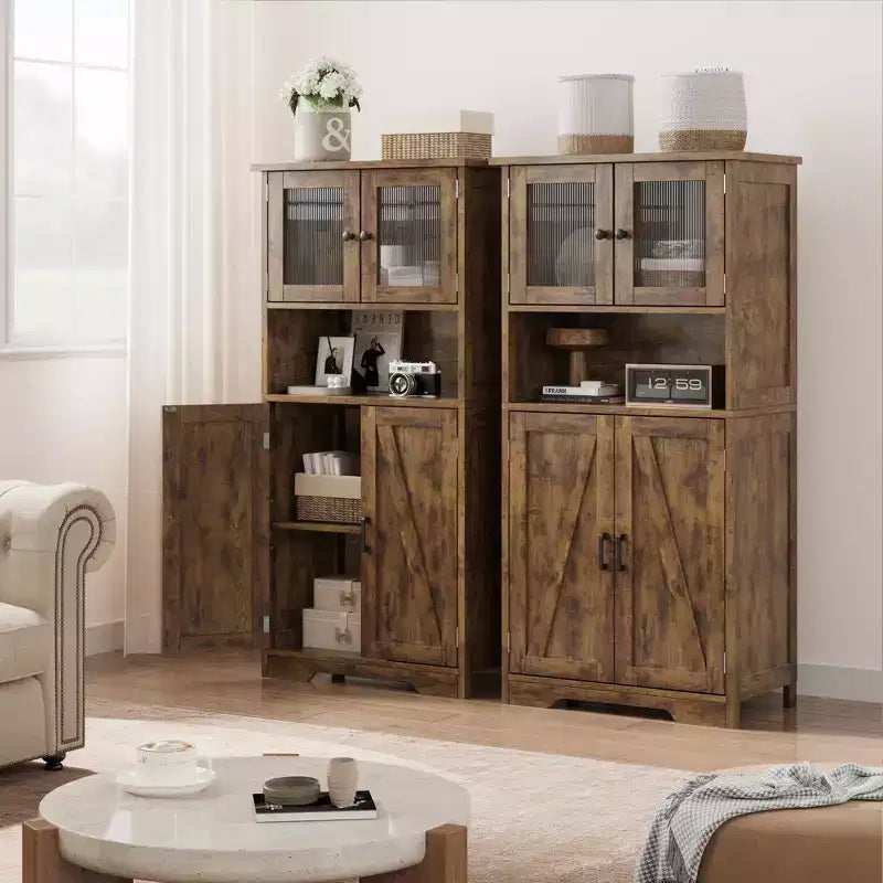 Mobiletto da bagno, mobile contenitore in stile rustico con ante in vetro e ripiani regolabili, dispensa da cucina indipendente, mobiletto a pavimento