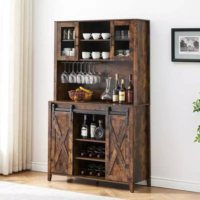 Mobiletto da bagno, mobile contenitore in stile rustico con ante in vetro e ripiani regolabili, dispensa da cucina indipendente, mobiletto a pavimento