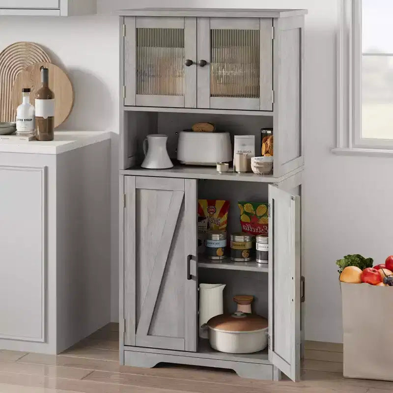 Mobiletto da bagno, mobile contenitore in stile rustico con ante in vetro e ripiani regolabili, dispensa da cucina indipendente, mobiletto a pavimento