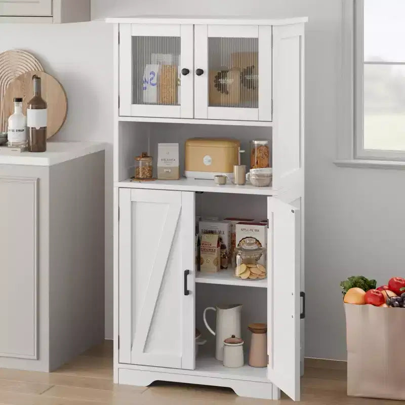 Mobiletto da bagno, mobile contenitore in stile rustico con ante in vetro e ripiani regolabili, dispensa da cucina indipendente, mobiletto a pavimento