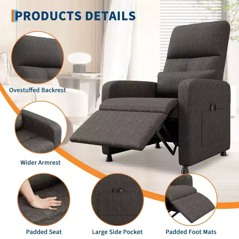 Poltrona Reclinabile, Divano Reclinabile Regolabile, Poltrona Relax, Schienale Alto Ergonomico, Seduta Imbottita, 2 Tasche Laterali, per Soggiorno