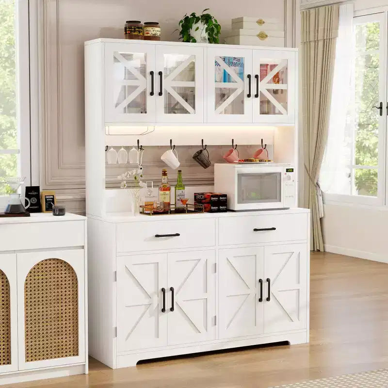 Dyonery 71 LED Armoire de cuisine avec prise de courant, meuble de bar à café, grand buffet de rangement de cuisine avec porte-revues et étagères