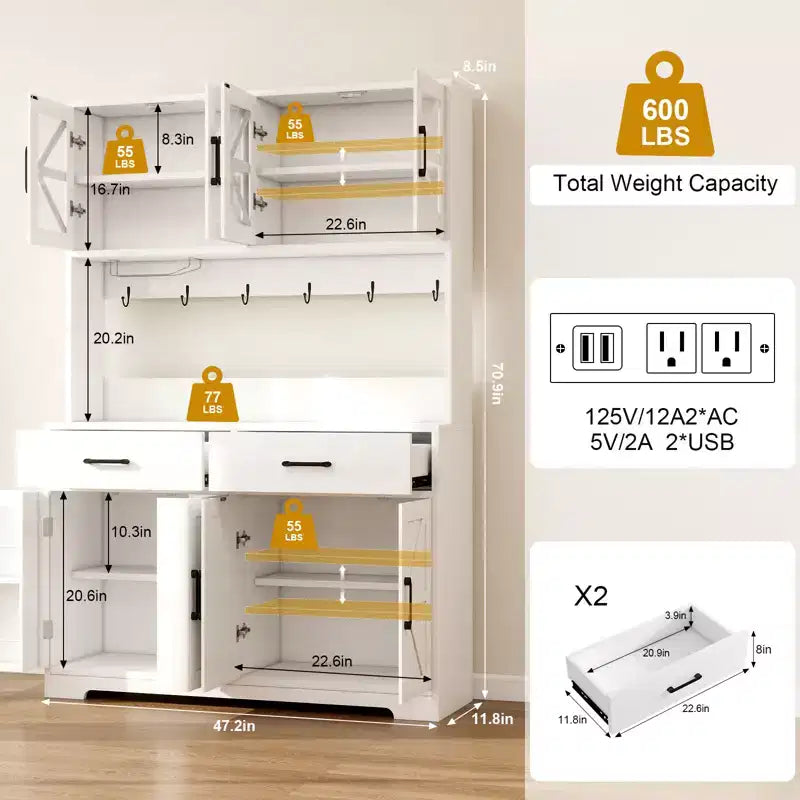 Dyonery 71 LED Armoire de cuisine avec prise de courant, meuble de bar à café, grand buffet de rangement de cuisine avec porte-revues et étagères