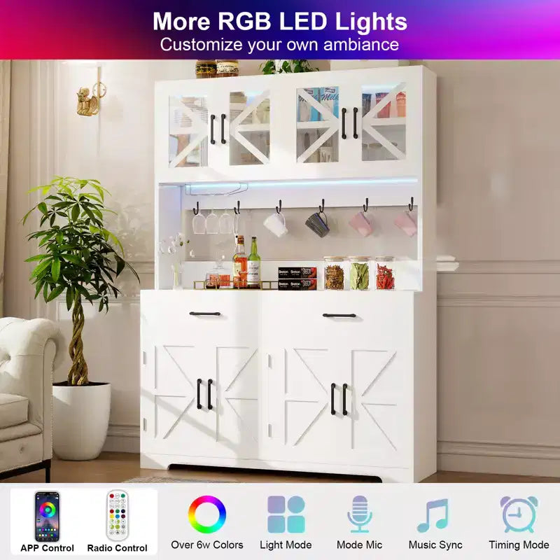 Dyonery 71 LED Armoire de cuisine avec prise de courant, meuble de bar à café, grand buffet de rangement de cuisine avec porte-revues et étagères