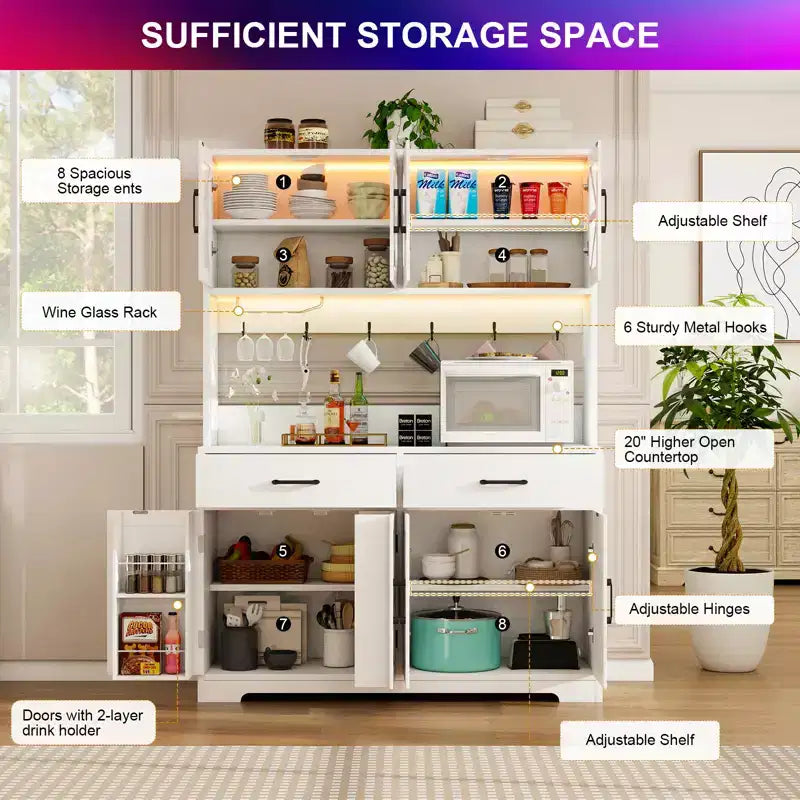 Dyonery 71 LED Armoire de cuisine avec prise de courant, meuble de bar à café, grand buffet de rangement de cuisine avec porte-revues et étagères