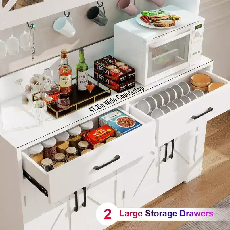 Dyonery 71 LED Armoire de cuisine avec prise de courant, meuble de bar à café, grand buffet de rangement de cuisine avec porte-revues et étagères