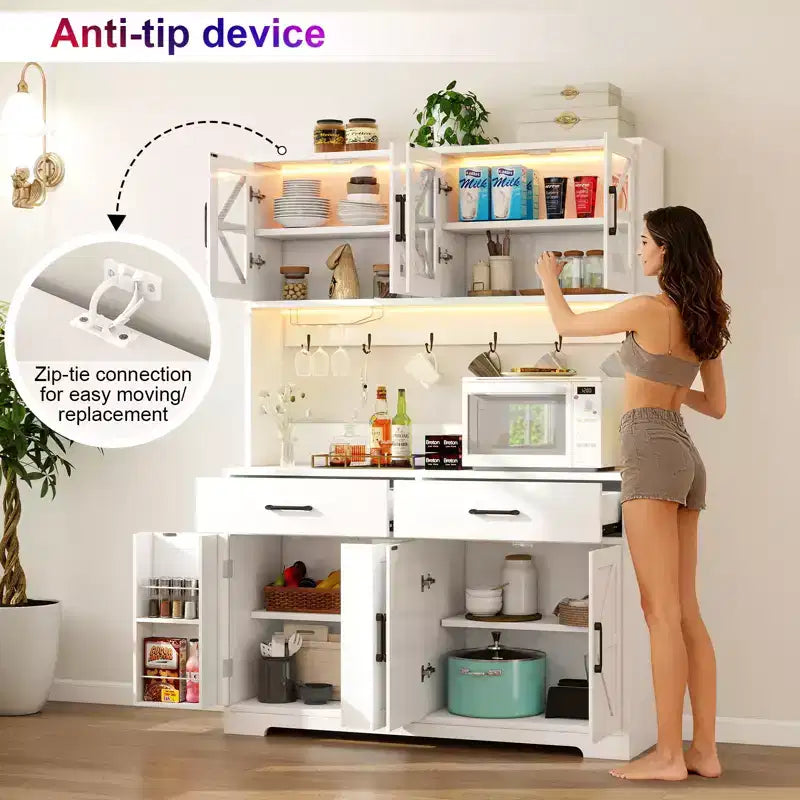 Dyonery 71 LED Armoire de cuisine avec prise de courant, meuble de bar à café, grand buffet de rangement de cuisine avec porte-revues et étagères