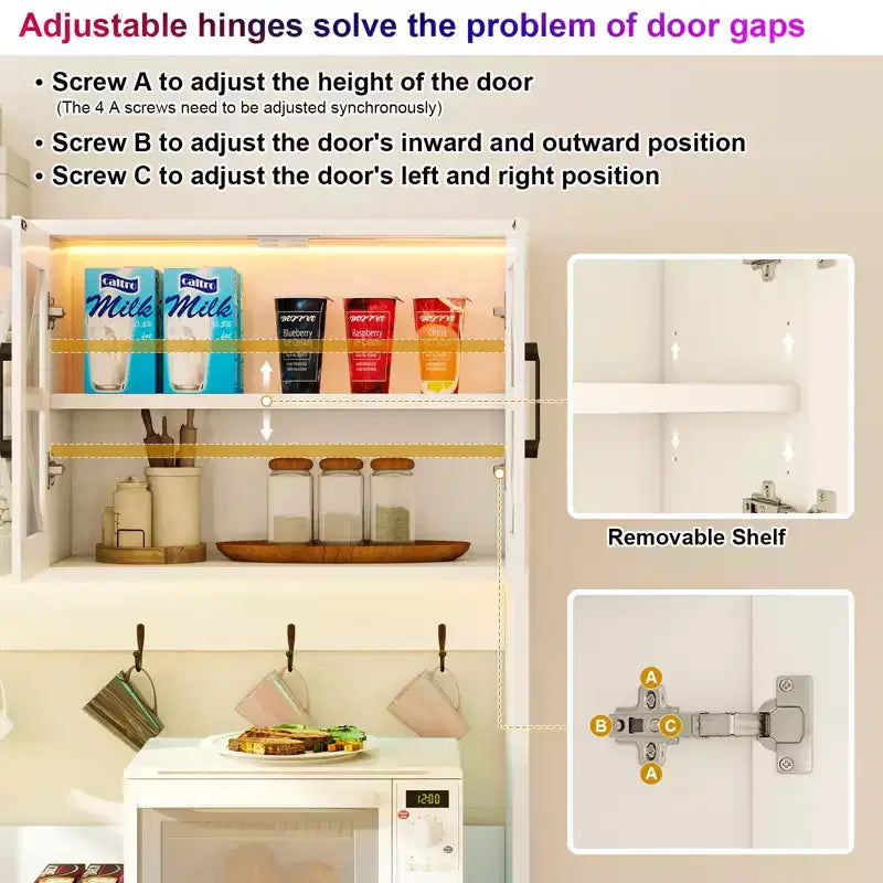 Dyonery 71 LED Armoire de cuisine avec prise de courant, meuble de bar à café, grand buffet de rangement de cuisine avec porte-revues et étagères