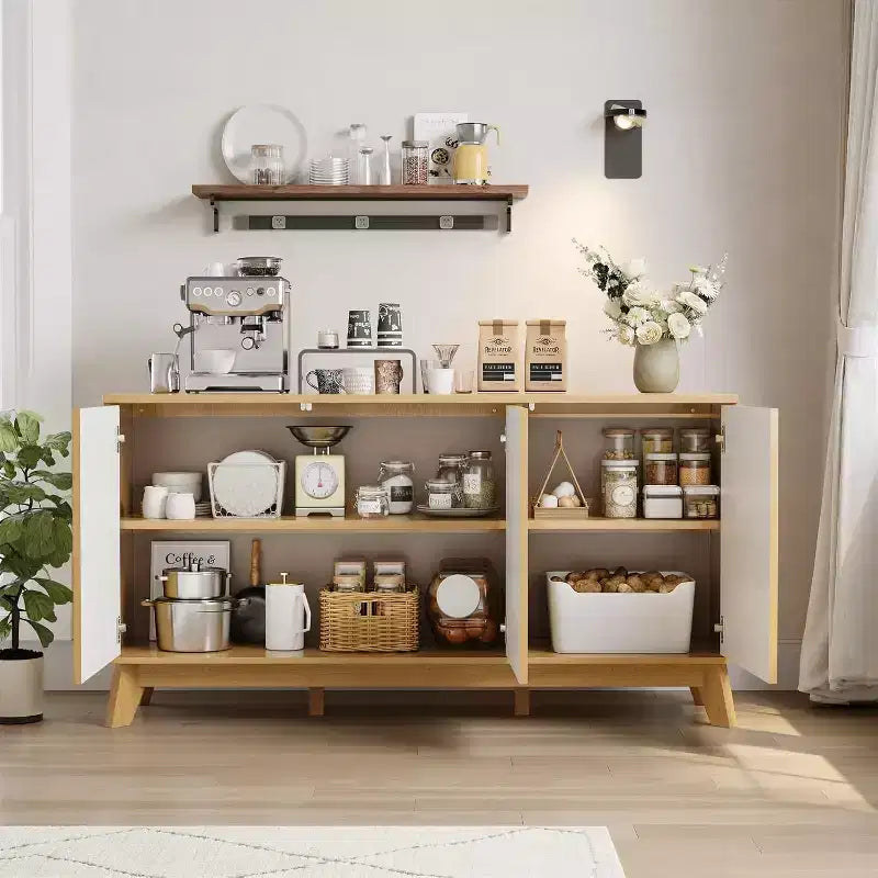 Console de bar à café 58", buffet de ferme avec portes incurvées et étagères réglables, buffet de rangement en bois pour salle à manger, salon