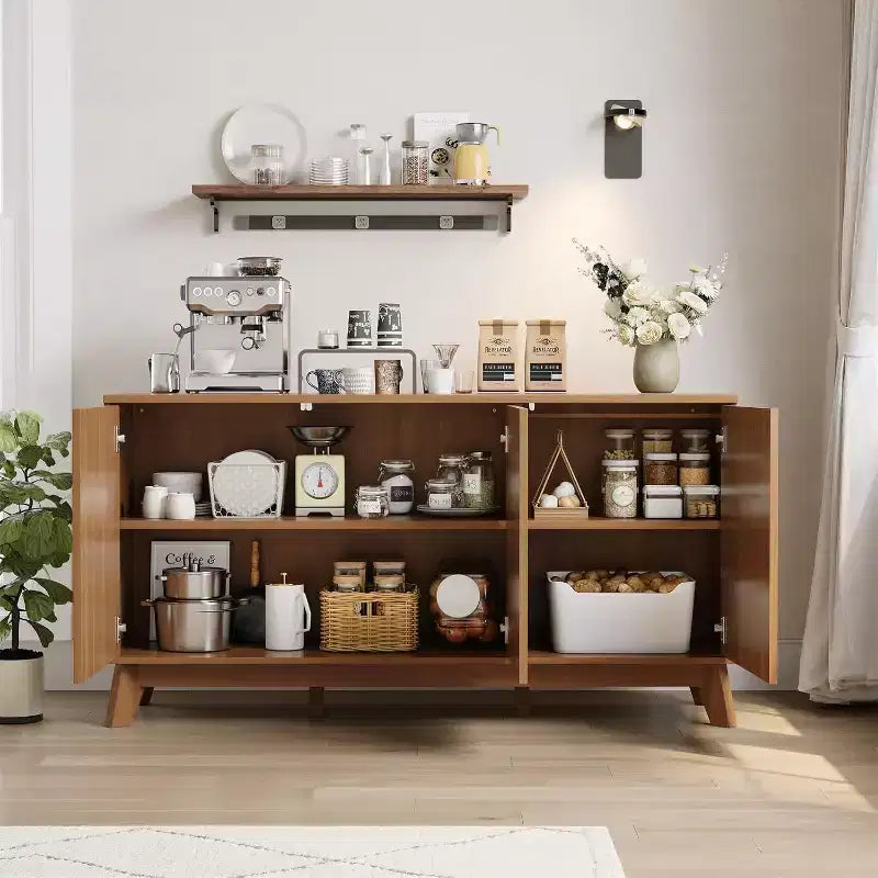 Console de bar à café 58", buffet de ferme avec portes incurvées et étagères réglables, buffet de rangement en bois pour salle à manger, salon