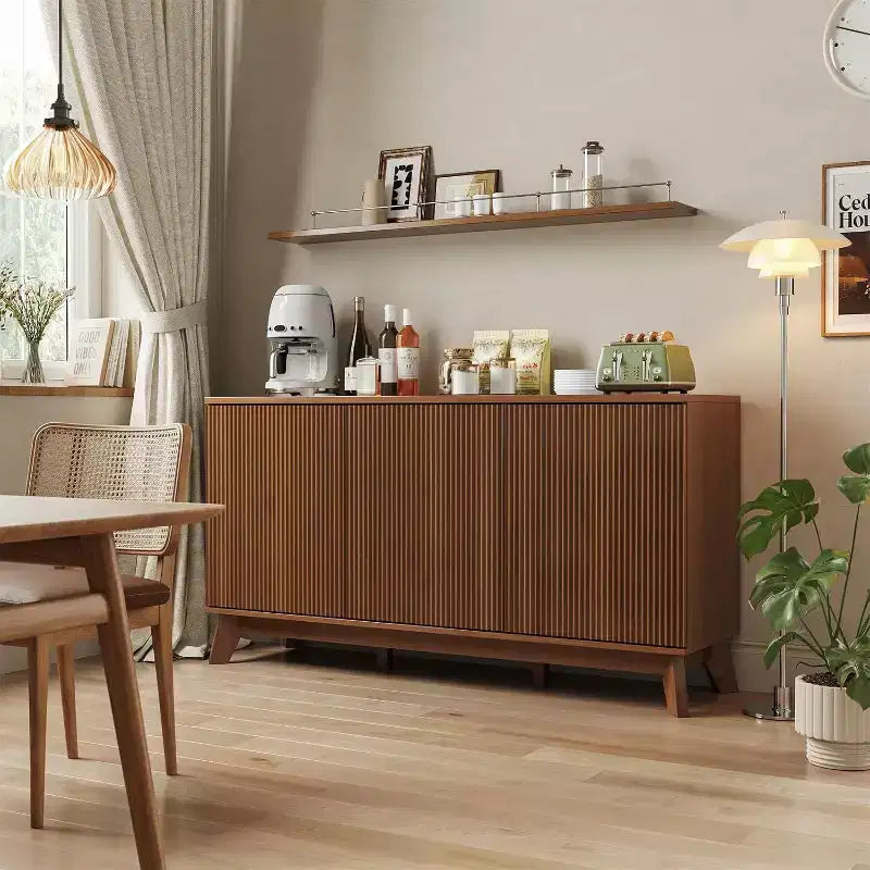 Console de bar à café 58", buffet de ferme avec portes incurvées et étagères réglables, buffet de rangement en bois pour salle à manger, salon