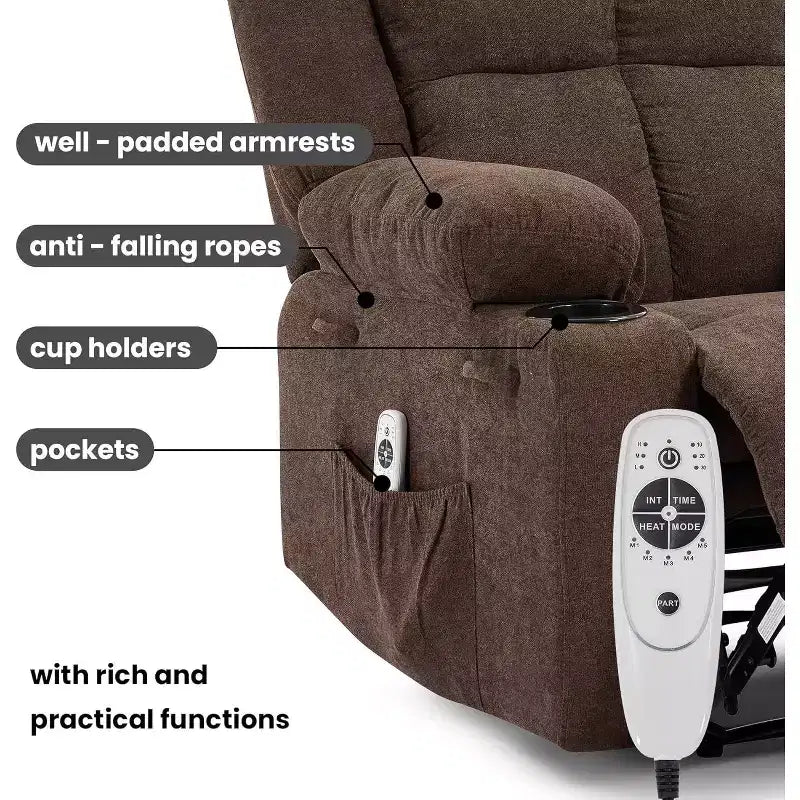 Fauteuil inclinable de massage surdimensionné, fauteuil individuel, pochette latérale, 2 porte-gobelets, fauteuil inclinable ergonomique rembourré en tissu respirant, pour le salon