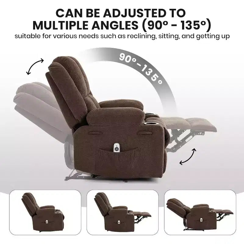 Fauteuil inclinable de massage surdimensionné, fauteuil individuel, pochette latérale, 2 porte-gobelets, fauteuil inclinable ergonomique rembourré en tissu respirant, pour le salon
