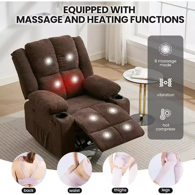 Fauteuil inclinable de massage surdimensionné, fauteuil individuel, pochette latérale, 2 porte-gobelets, fauteuil inclinable ergonomique rembourré en tissu respirant, pour le salon