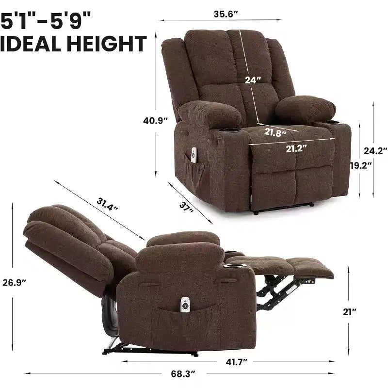Fauteuil inclinable de massage surdimensionné, fauteuil individuel, pochette latérale, 2 porte-gobelets, fauteuil inclinable ergonomique rembourré en tissu respirant, pour le salon