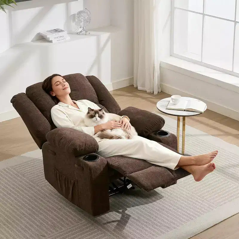Fauteuil inclinable de massage surdimensionné, fauteuil individuel, pochette latérale, 2 porte-gobelets, fauteuil inclinable ergonomique rembourré en tissu respirant, pour le salon