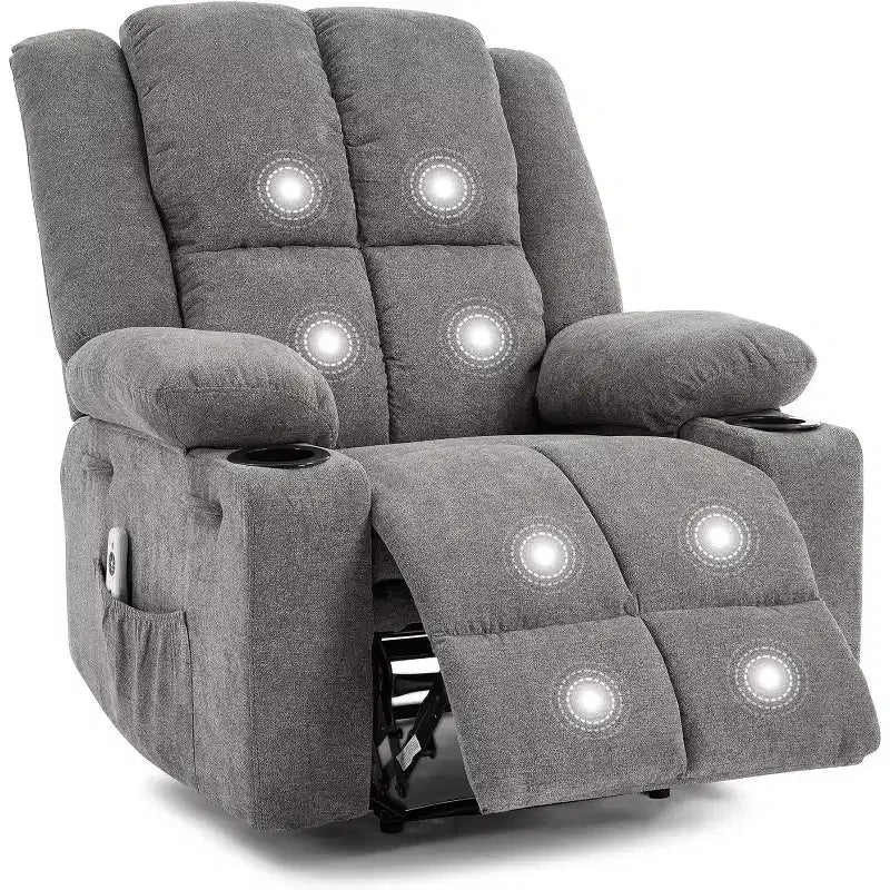 Fauteuil inclinable de massage surdimensionné, fauteuil individuel, pochette latérale, 2 porte-gobelets, fauteuil inclinable ergonomique rembourré en tissu respirant, pour le salon