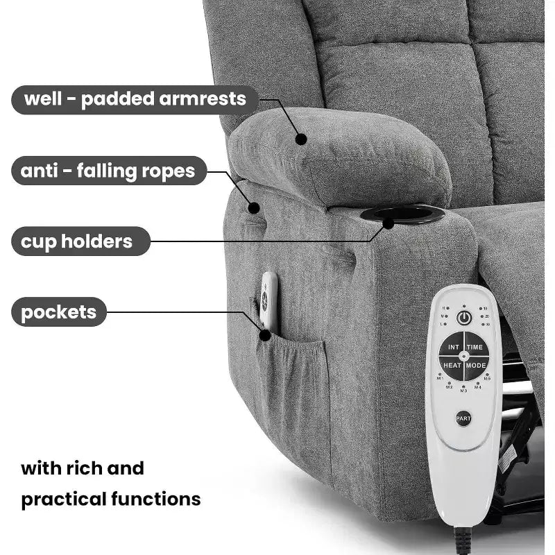 Fauteuil inclinable de massage surdimensionné, fauteuil individuel, pochette latérale, 2 porte-gobelets, fauteuil inclinable ergonomique rembourré en tissu respirant, pour le salon
