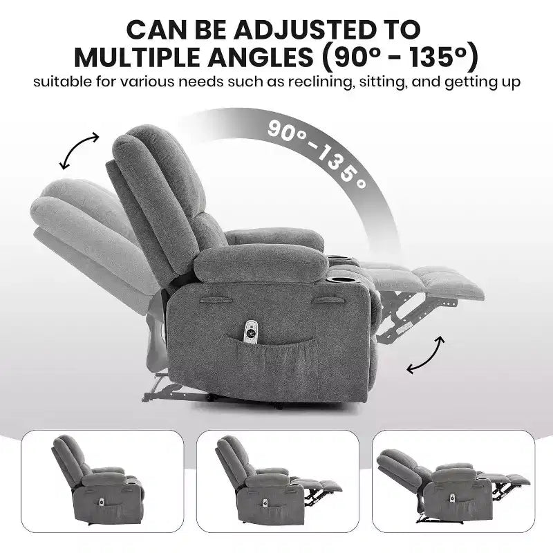 Fauteuil inclinable de massage surdimensionné, fauteuil individuel, pochette latérale, 2 porte-gobelets, fauteuil inclinable ergonomique rembourré en tissu respirant, pour le salon