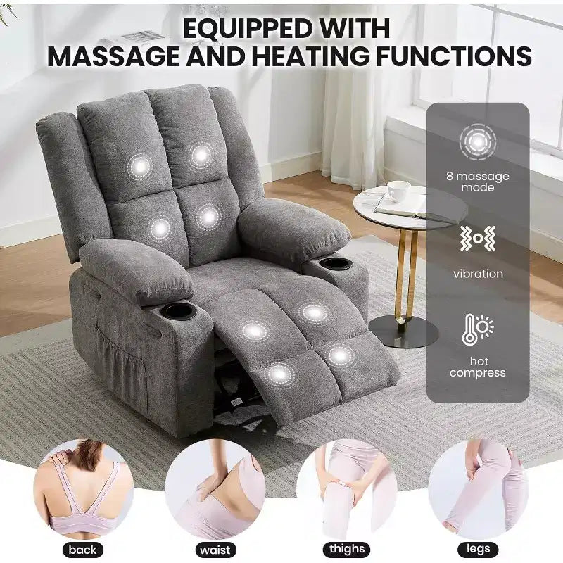 Fauteuil inclinable de massage surdimensionné, fauteuil individuel, pochette latérale, 2 porte-gobelets, fauteuil inclinable ergonomique rembourré en tissu respirant, pour le salon