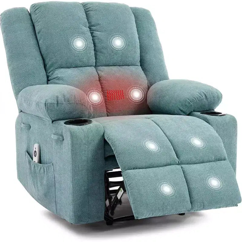 Fauteuil inclinable de massage surdimensionné, fauteuil individuel, pochette latérale, 2 porte-gobelets, fauteuil inclinable ergonomique rembourré en tissu respirant, pour le salon