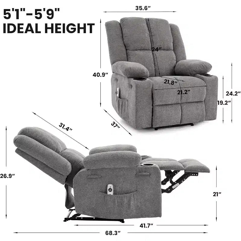 Fauteuil inclinable de massage surdimensionné, fauteuil individuel, pochette latérale, 2 porte-gobelets, fauteuil inclinable ergonomique rembourré en tissu respirant, pour le salon