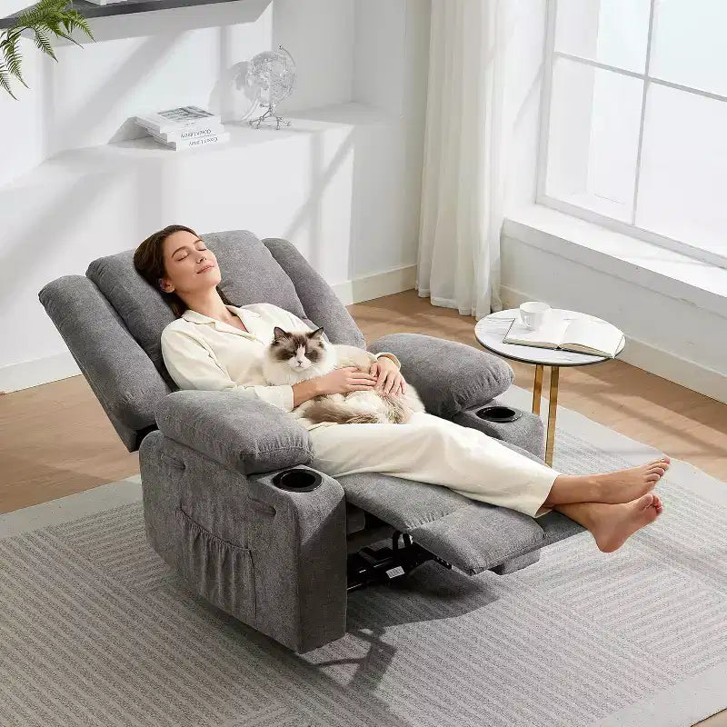 Fauteuil inclinable de massage surdimensionné, fauteuil individuel, pochette latérale, 2 porte-gobelets, fauteuil inclinable ergonomique rembourré en tissu respirant, pour le salon