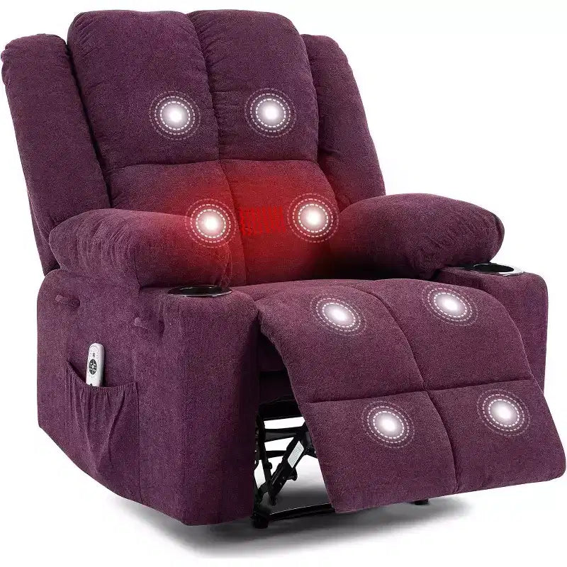 Fauteuil inclinable de massage surdimensionné, fauteuil individuel, pochette latérale, 2 porte-gobelets, fauteuil inclinable ergonomique rembourré en tissu respirant, pour le salon
