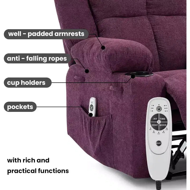 Fauteuil inclinable de massage surdimensionné, fauteuil individuel, pochette latérale, 2 porte-gobelets, fauteuil inclinable ergonomique rembourré en tissu respirant, pour le salon