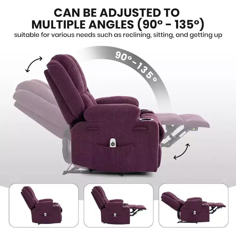 Fauteuil inclinable de massage surdimensionné, fauteuil individuel, pochette latérale, 2 porte-gobelets, fauteuil inclinable ergonomique rembourré en tissu respirant, pour le salon
