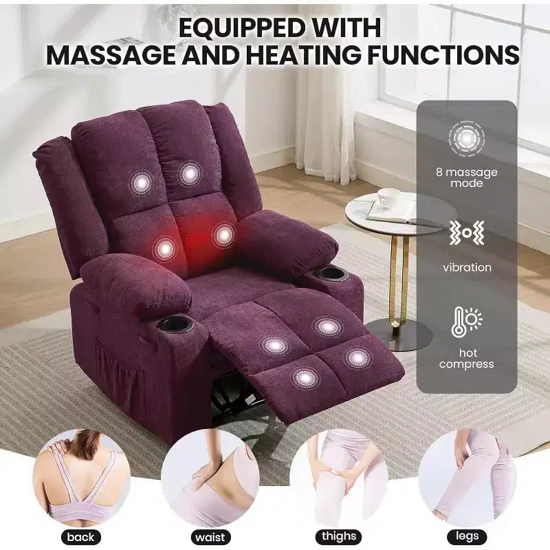 Fauteuil inclinable de massage surdimensionné, fauteuil individuel, pochette latérale, 2 porte-gobelets, fauteuil inclinable ergonomique rembourré en tissu respirant, pour le salon